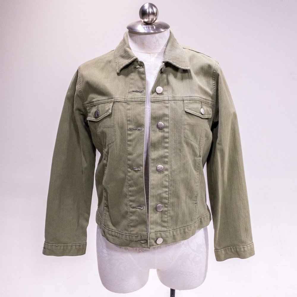 Vintage 90s Y2K Anthropologie S Cotton Jean Jacket Light Green Tan Grey - Picture 5 of 14